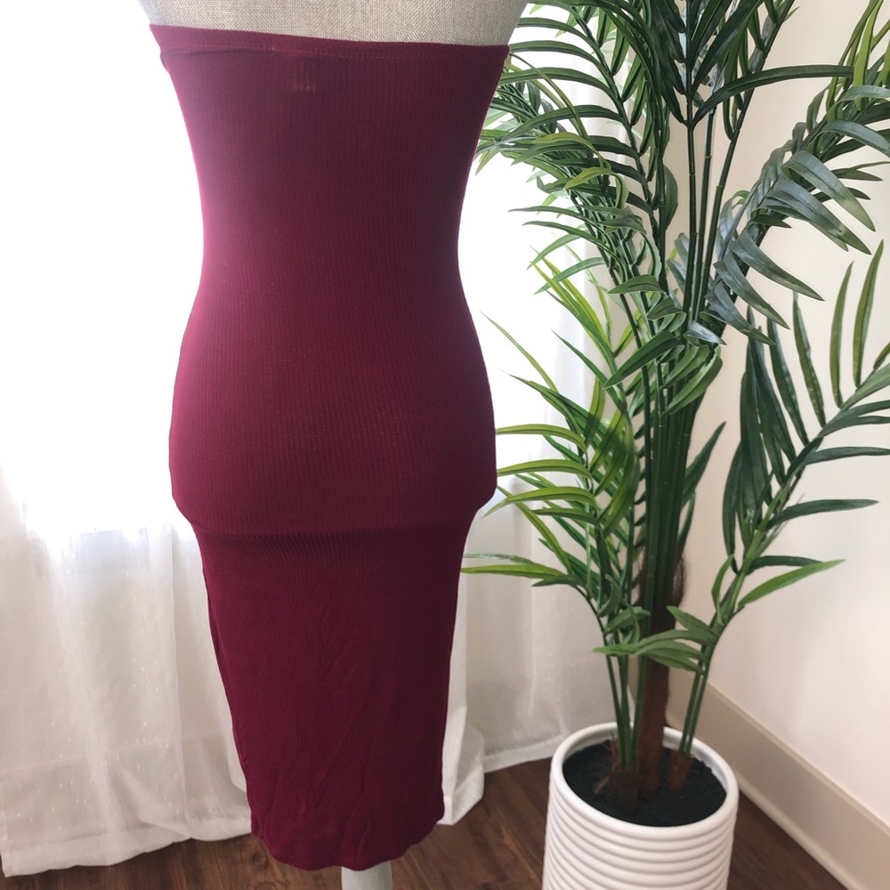 Tube top stretchy burgundy dress.